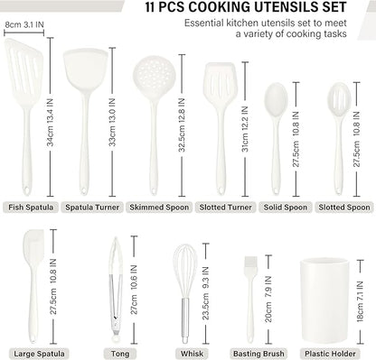 HaWare 11 PCS Silicone Cooking Utensils Set, Heat Resistant Kitchen Utensils with Holder, Food-grade Spatula Sets for Nonstick Cookware, Kitchen Tools Gadgets Include Fish Turner, Spoon (White) - Image 2