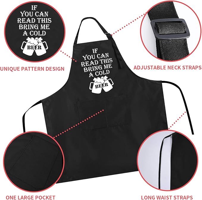 Rosoz Funny BBQ Black Chef Aprons for Men，if You Can Read This Adjustable Kitchen Cooking Aprons with Pocket Waterproof Oil Proof Father’s Day/Birthday