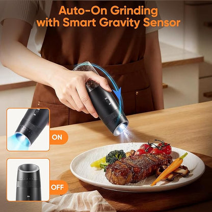 Gravity Electric Salt and Pepper Grinder Set Rechargeable with Charging Base, Automatic Shakers Pepper Mill, Large Capacity, 6-Level External Adjustable Coarseness, LED Light, Kitchen Gadgets