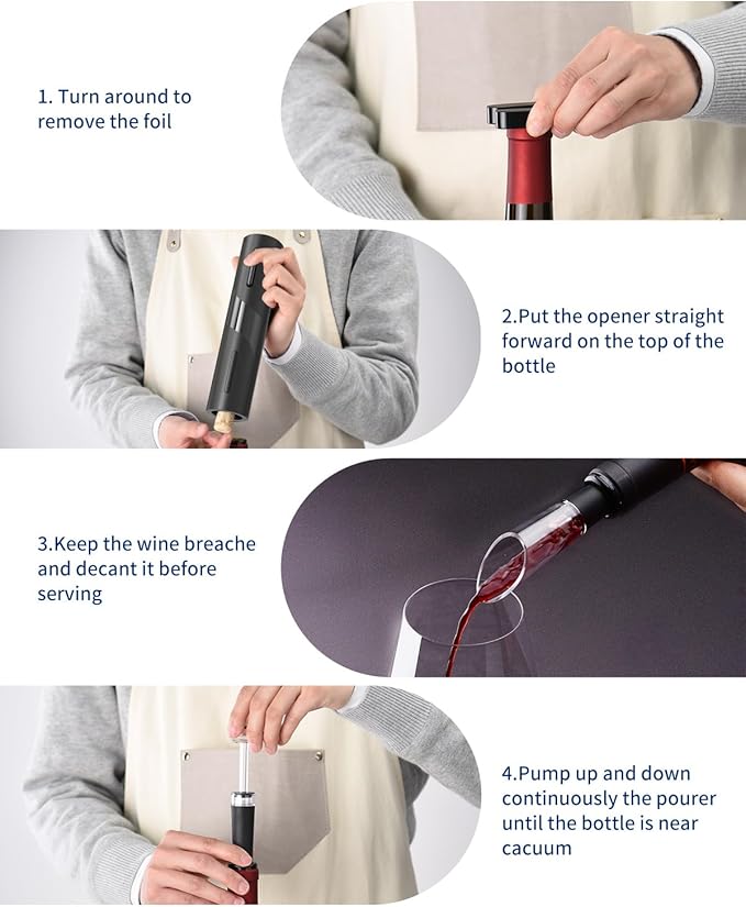 CIRCLE JOY Electric Wine Bottle Opener Set Rechargeable Wine Corkscrew Cordless Wine Opener Gift Set with Charging Base, Foil Cutter, Wine Aerator Pourer and Vacuum Wine Stopper, Black - Image 4
