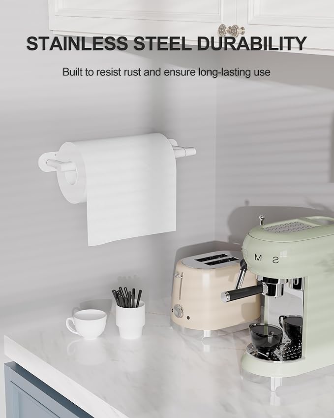 White Paper Towel Holder Under Cabinet, Self Adhesive or Wall Mounted SUS304 Stainless Steel Paper Towel Holder for Kitchen, Bathroom, Farmhouse, Barbecue and Laundry (White) - Image 4