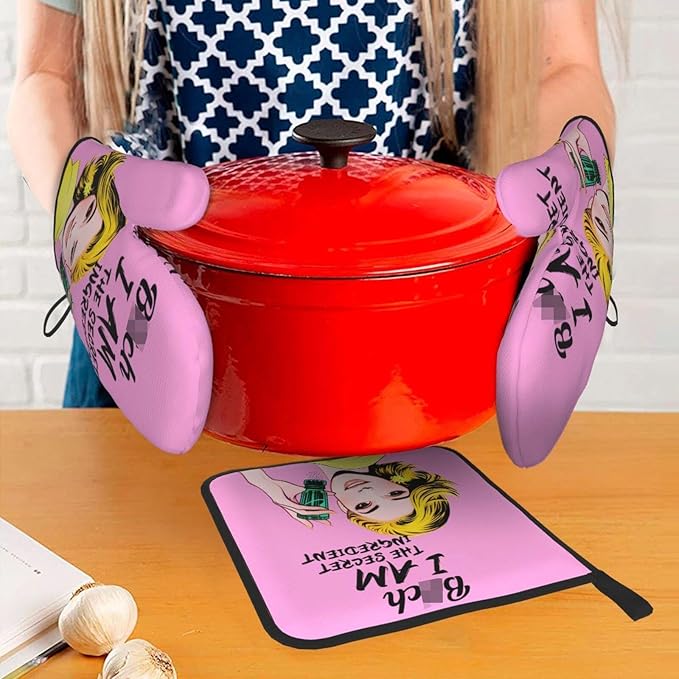 Cute Pink Oven Mitts and Pot Holders Set of 3, Heat Resistant Non-Slip Funny Hot Pad and Kitchen Gloves, Spring Funny Gifts for Cooking Lovers Women, Fun Kitchen Decor for Baking Cooking Grilling - Image 3