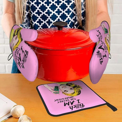 Cute Pink Oven Mitts and Pot Holders Set of 3, Heat Resistant Non-Slip Funny Hot Pad and Kitchen Gloves, Spring Funny Gifts for Cooking Lovers Women, Fun Kitchen Decor for Baking Cooking Grilling - Image 3