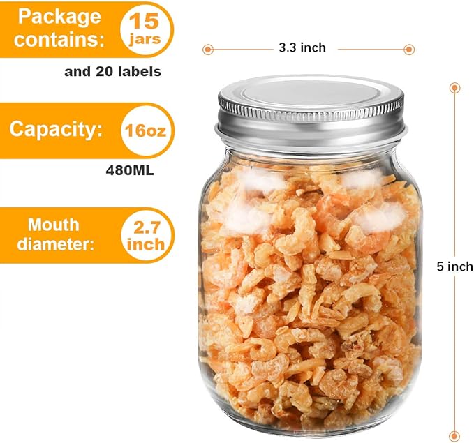 Rainforce 16 oz Mason Jars With Lids Regular Mouth 15 Pack-16oz Glass Jars with Silver Lids,Bulk Pint Clear Glass Jars For Meal Prep, Food Storage With 20 Labels - Image 4