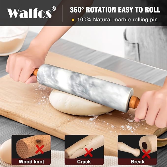 Walfos Marble Rolling Pin With Wooden Handles & Wood Cradle, 16.5 Inch Marble Rolling Pins For Making Pizza Dough And Tortillas, Dough Roller For Pie Crust, Cookie, Pasta (Gray & White) - Image 3