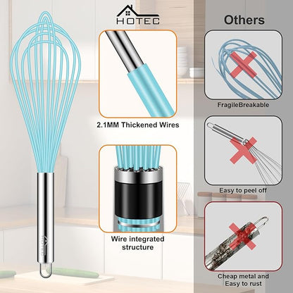 HOTEC 4 Pieces Silicone Whisks Set, Wire Balloon Whisks Egg Beater, Non-slip Handle Whisk for Non-stick Cookware Perfect for Cooking, Stirring, Beating and Blending (Blue) - Image 6