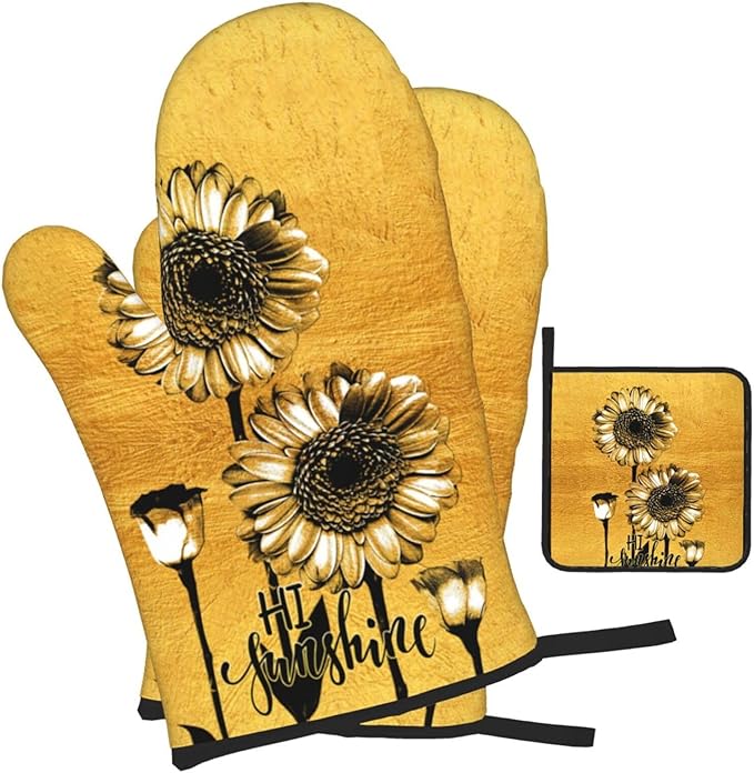 Sunflower Oven Mitts and Pot Holders Sets, Heat Resistant Gold Kitchen Oven Glove for Kitchen BBQ Baking Grilling Cooking, Sunflower Gifts for Women Cooks Bakers Cooking Lover - Image 2