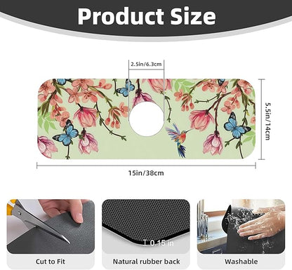 Bird Floral Flowers Dish Drying Mat for Kitchen Counter, 18"x24" Microfiber Absorbent Fast Dry Mat, 2Pcs Dish Mat Faucet Mats Sets, Large Drying Kitchen Mat Kitchen Drying Pad Coffee Bar Decor Gifts