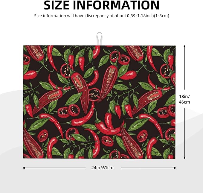 Red Chili Peppers Dish Drying Mat Vegetable Pepper Black Rustic Green Leaf Drying Rack Pad Countertop Dishes Ultra Absorbent Microfiber Kitchen Counter Mat 18x24 Inch