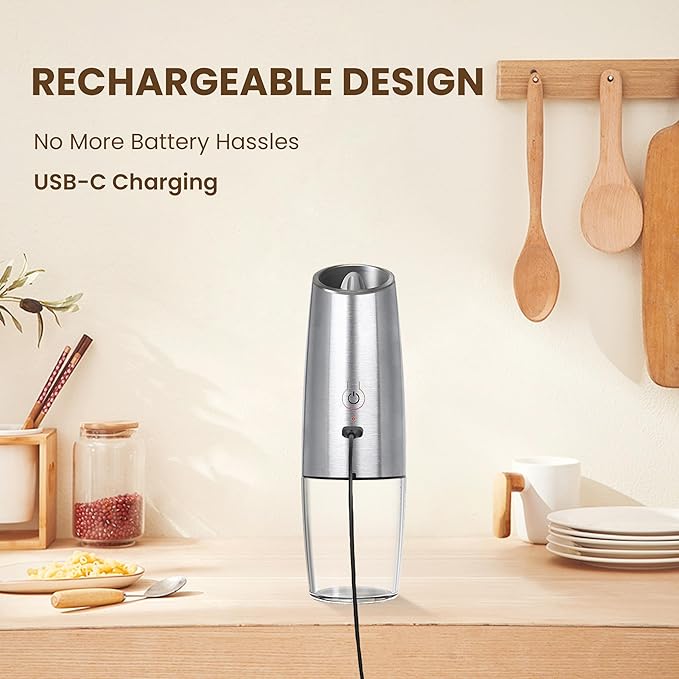 Rechargeable Electric Salt And Pepper Grinder Set, Automatic Gravity Electric Salt And Pepper Grinder Set, Adjustable Roughness, Led Light, 2 Pack, (Silver) - Image 2