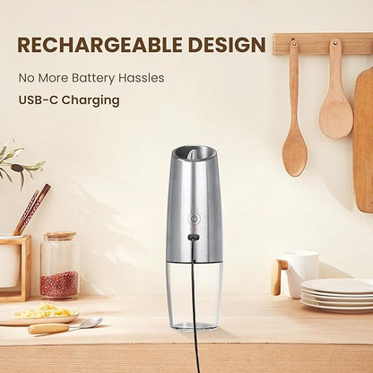 Rechargeable Electric Salt And Pepper Grinder Set, Automatic Gravity Electric Salt And Pepper Grinder Set, Adjustable Roughness, Led Light, 2 Pack, (Silver) - Image 2