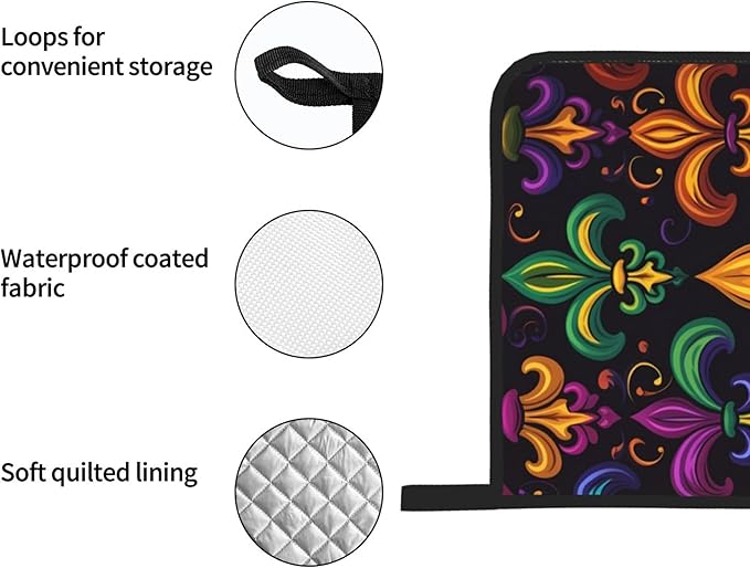 Colorful Fleur De Lis Oven Mitts and Pot Holders Sets Mardi Gras Kitchen Oven Gloves Heat Resistant 500 Degrees Oven Mitt and Hot Pad for Cooking BBQ Baking Grilling - Image 5