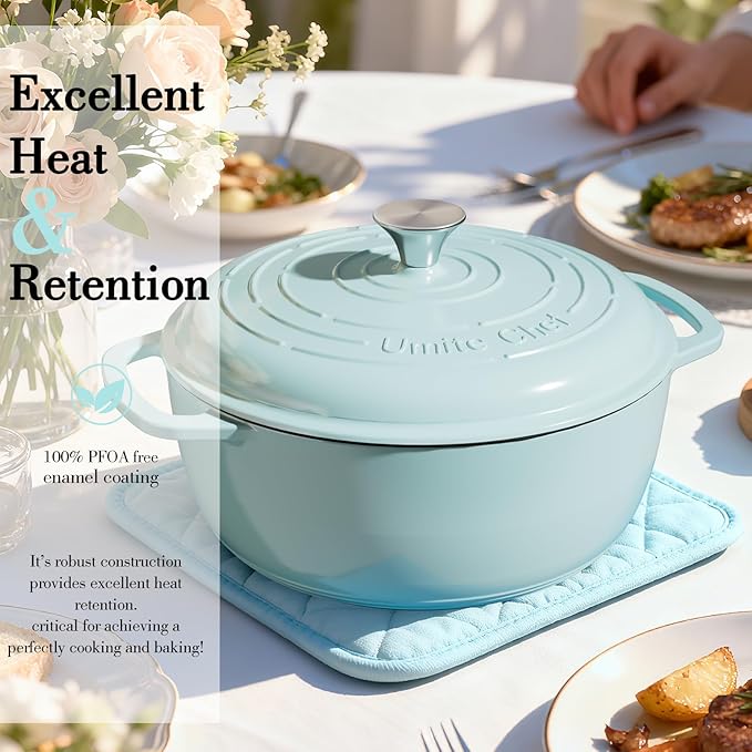 Umite Chef 6QT Enameled Cast Iron Dutch Oven with Lid, Versatile Heavy-Duty Cookware Pot for Baking Bread, Braising, Soups & Stews, Oven & Stovetop Safe with Heat Resistant Gloves（Blue） - Image 5