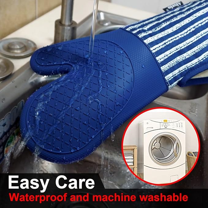 Alselo Silicone Oven Mitts Heat Resistant 932℉ with Waterproof & Non-Slip Kitchen Mittens, Set of 2 Extra Long Oven Gloves with Soft Cotton Terry Lining for Baking Cooking Barbecue (Cobait Blue, 2) - Image 7