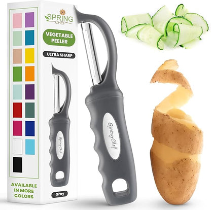 Spring Chef Premium Swivel Vegetable Peeler, Comfortable Handle and Ultra Sharp Stainless Steel Blades - Perfect Kitchen Peeler For Veggie, Fruit, Potato, Carrot, Apple - Gray by SpringChef