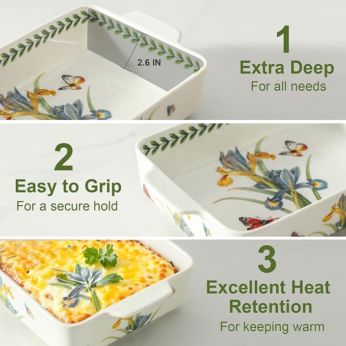 Ceramic Iris Baking Casserole Dish with Handles, Large 2 pieces 8x13 inch & 6x10 inch Lasagna Baking Dish and Middle Flower Andplant Baking Pan,Porcelain Serving Bakeware Set - Image 5