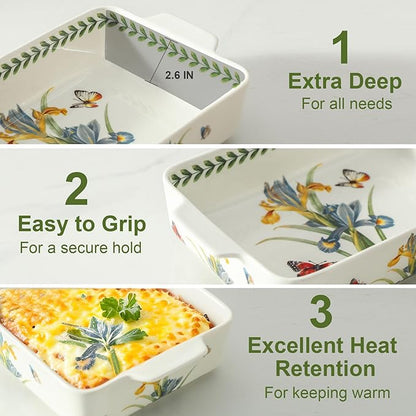 Ceramic Iris Baking Casserole Dish with Handles, Large 2 pieces 8x13 inch & 6x10 inch Lasagna Baking Dish and Middle Flower Andplant Baking Pan,Porcelain Serving Bakeware Set - Image 5