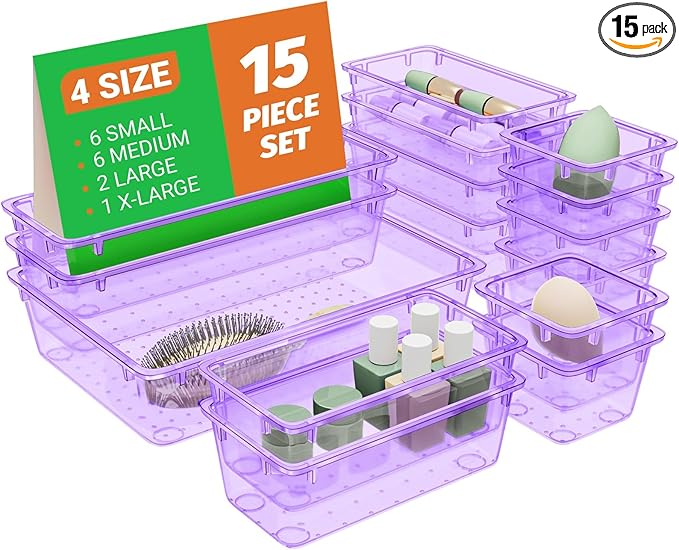 SpaceHacks 15 PCS Clear Plastic Drawer Organizer Set, 4-Size Acrylic Drawer Storage Trays, Storage Bins for Makeup, Gadgets, and Jewelry in Bathroom, Bedroom and Office, Clear Purple by SpaceHacks
