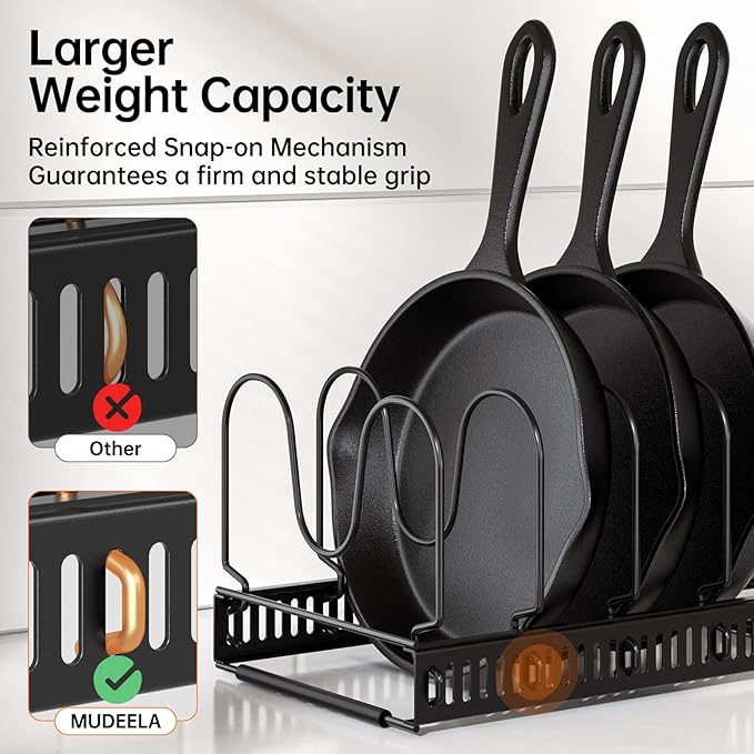 MUDEELA Pots and Pans Organizer Rack for under Cabinet, Expandable 11.81''-22.85'' Pot Lid Kitchen Cabinet Organizer Holder with 10 Adjustable Compartment Cutting Board Organizer for Pan Lid, Bakeware - Image 3