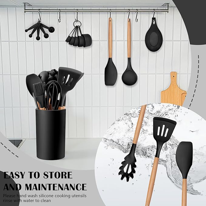 HaWare Kitchen Cooking Utensils Set, 23-Piece Silicone Kitchen Utensils Spatula Set with Holder, Heat Resistant Wooden Handle Kitchen Gadget for Nonstick Cookware, Food-grade Turner Spoon Sets (Black) - Image 7