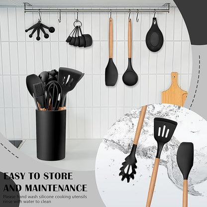 HaWare Kitchen Cooking Utensils Set, 23-Piece Silicone Kitchen Utensils Spatula Set with Holder, Heat Resistant Wooden Handle Kitchen Gadget for Nonstick Cookware, Food-grade Turner Spoon Sets (Black) - Image 7