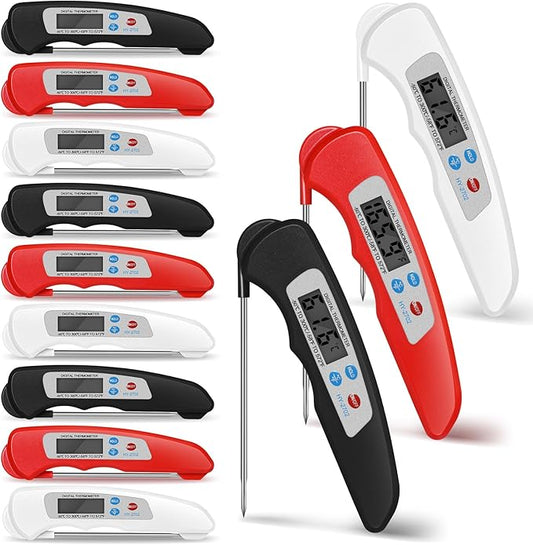 Xuhal 12 Pcs Digital Meat Thermometer with Probe Waterproof Instant Read Foldable Food Thermometer with Magnet for Kitchen Grilling Cooking Turkey Baking BBQ(Black, Red, White)