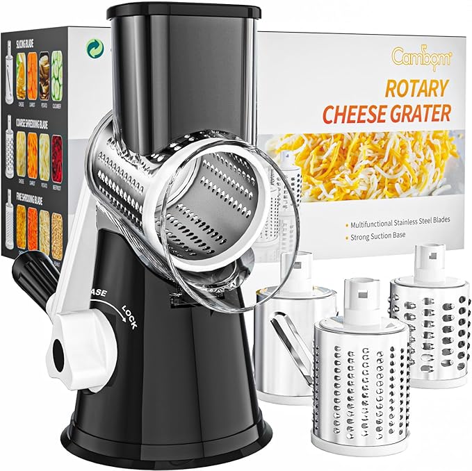 Cambom Rotary Cheese Grater Hand Crank Cheese Shredder for Fresh Cheese, Vegetable, Nuts,Non-slip Suction Base, Three Blades, Black by Cambom