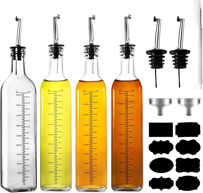 WERTIOO 17 OZ Olive Oil Dispenser Bottle, 4 Pack Glass Oil and Vinegar Dispenser Set Container with 6 pcs Stainless Steel Pour Spouts Funnel & Pen and Tag for Kitchen by WERTIOO