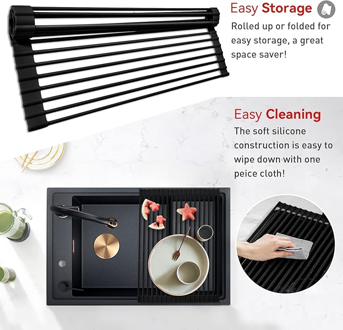 MERRYBOX Roll Up Over The Sink Dish Drying Rack Silicone Wrapped Foldable, Heat-Resistant, Anti-Slip Sink Rack Multipurpose Dish Drainer for Kitchen Sink Counter - Black, 17.5" x 11" - Image 3