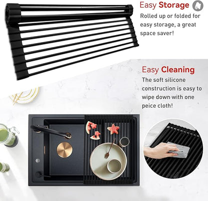 MERRYBOX Roll Up Over The Sink Dish Drying Rack Silicone Wrapped Foldable, Heat-Resistant, Anti-Slip Sink Rack Multipurpose Dish Drainer for Kitchen Sink Counter - Black, 17.5" x 11" - Image 3