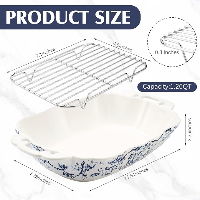 Vintage Casserole Dish 7.3 x 11.8, Ceramic Baking Dish with Oil Drip Rack, 1.26 Qt Blue and White Roasting Pan with Double Handles, Oven Safe and Durable for Baking, Lasagna, Wedding Gift - Image 2
