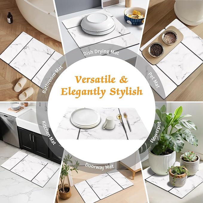 Stone Dish Drying Mat for Kitchen Counter, 24''×15'' Dishes Drying Matt Kitchen Counter, Absorbent Diatomaceous Earth Bath Quick Dry Mats for Tableware, Bottles and Cup (White Marble) - Image 8