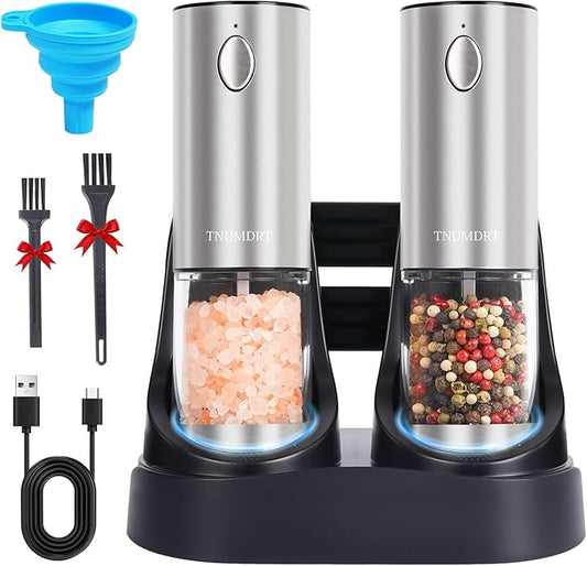 Stainless steel Electric Salt and Pepper Grinder Set,Large Capacity Automatic Pepper Mill Grinder with Upgraded Rechargeable Charge Base and LED Light,Adjustable Coarseness, Easy to clean