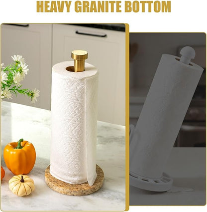 Koville Paper Towel Holder Countertop, Standing Paper Roll Holder with 6" Weighted Marble Base, Stone Paper Towel Holder with Gold Stainless Steel Rod for Kitchen Bathroom (Golden River)