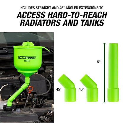 OEMTOOLS 87043 No-Spill Professional Quality Coolant Funnel Kit, Easily Fill Antifreeze Coolant Set Includes 5 Adapters, Extensions, and Automotive Funnel, Air Venting, Drip-Free, Green - Image 4