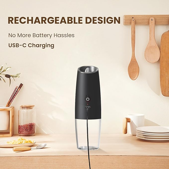 Rechargeable Electric Salt And Pepper Grinder Set, Automatic Gravity Electric Salt And Pepper Grinder Set, Adjustable Roughness, Led Light, 2 Pack, (Black) - Image 2