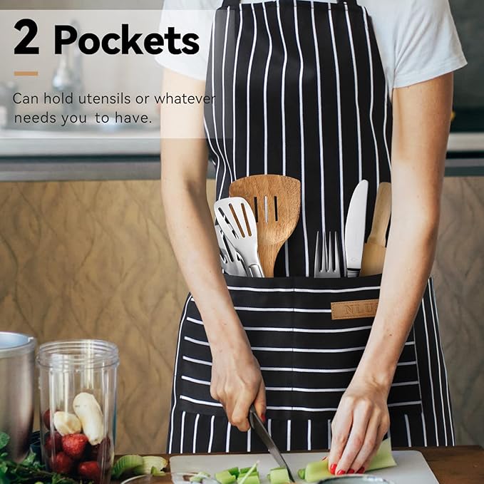NLUS 2 Pcs Kitchen Cooking Aprons, Poly/Cotton Blend Adjustable Soft Bib Stripe Aprons with 2 Pockets for Women Men Chef (Blue Pinstripes/Black Stripes) - Image 2