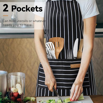 NLUS 2 Pcs Kitchen Cooking Aprons, Poly/Cotton Blend Adjustable Soft Bib Stripe Aprons with 2 Pockets for Women Men Chef (Blue Pinstripes/Black Stripes) - Image 2
