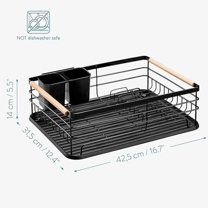 Navaris Dish Drainer Rack - Plate, Silverware, Pots and Pans Drying Rack for Kitchen with Beechwood Handles - Modern Retro Design Drip Tray - Black - Image 4