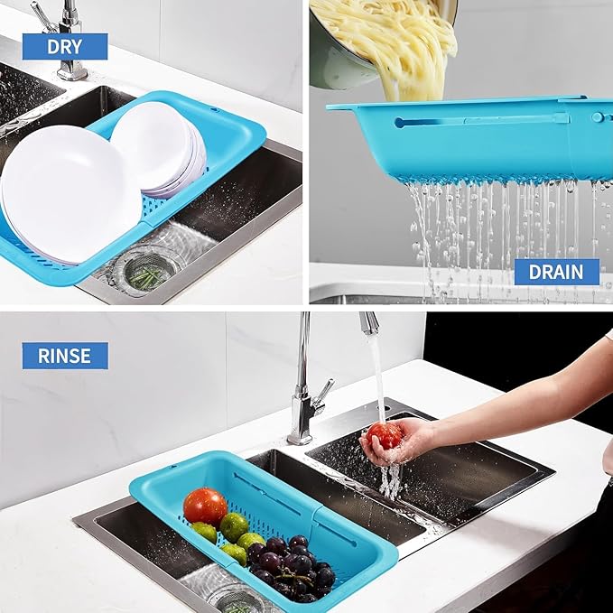 LASSHSWA Collapsible Colander for Kitchen, Over the Sink Strainer Basket for Kitchen, Fruit Pasta Food Strainer Expandable Plastic Colander BPA Free (Blue) - Image 3
