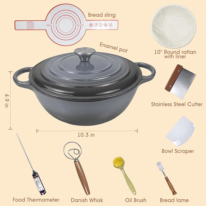 5QT Enameled Cast Iron Dutch Oven for Bread & Multi-Cooking – Complete Sourdough Starter Kit with Lid ,Probe Thermometer, Proofing Basket, Silicone Sling & Gift Packaging Bags,Oven Safe up to 500°F(Gray)