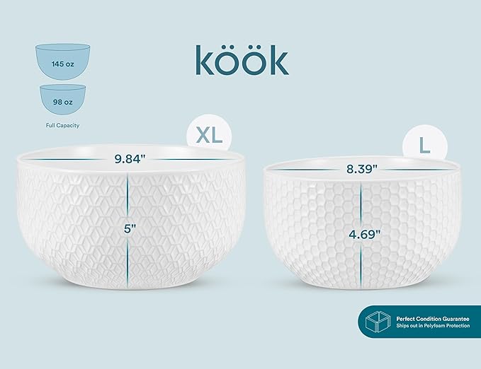 KooK Ceramic Mixing Bowls, Nesting Set of 4, Embossed Kitchen Dishware, Prep, Serving, Gift, Microwave and Dishwasher Safe, 20/44/98/145 oz, Narbonne Collection (Marshmallow) - Image 6