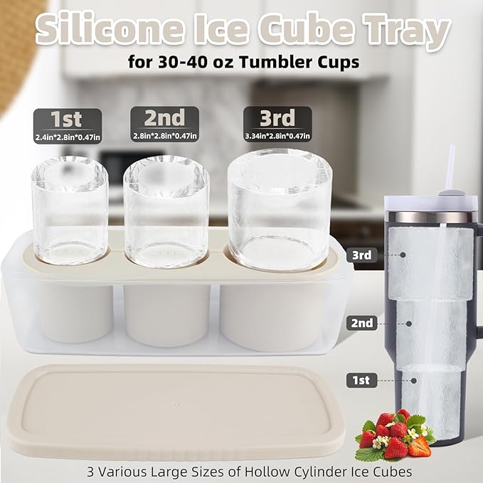 Tcamp Tumbler Ice Mold, Ice Cube Tray for 30 oz -40 oz Tumbler Cup, 3 Pcs Silicone Hollow Cylinder Ice Mold with Lid and Bin for Freezer, Ice Drink, Juice, Whiskey, Cocktail (White)