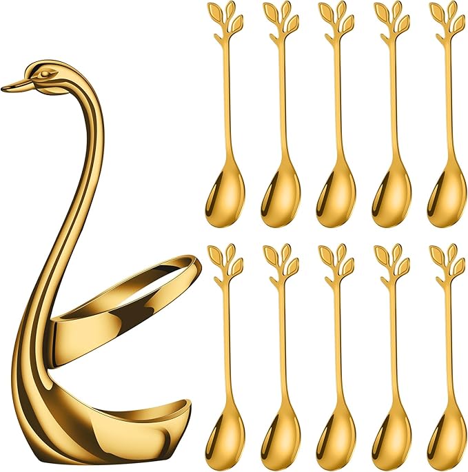 AnSaw Gold Small Coffee Spoon Holder Set,Swan Base With 10 Pcs Demitasse Espresso Spoons Set,4.7" Mini Leaf Dessert Spoon,Stainless Steel Tea Spoons by AnSaw