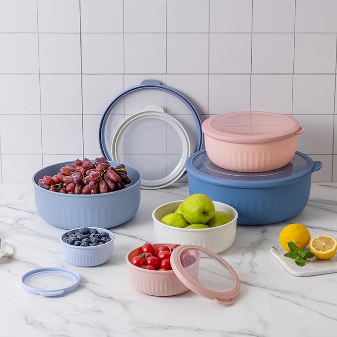 COOK WITH COLOR Prep Bowls with Lids- Wide and Deep Nesting Plastic Small Mixing Bowl Set with Lids, 12 Piece Set - Wide Bowls, Blue/Pink - Image 6