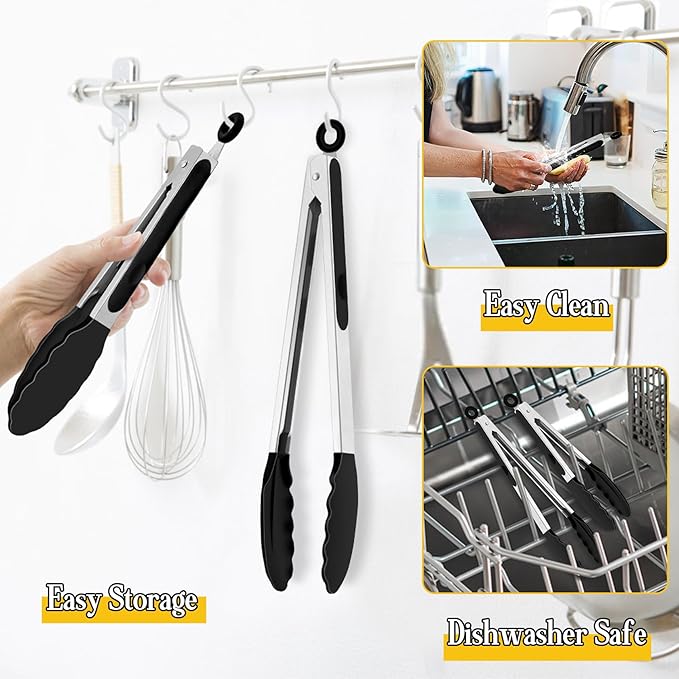 TeamFar Kitchen Tongs, 9" and 12" Stainless Steel Cooking Tongs with Silicone Tips for Cooking Grilling Serving & BBQ, Heat Resistant Silicone Tongs, Locking Design & Dishwasher Safe, Set of 2 & Black - Image 5