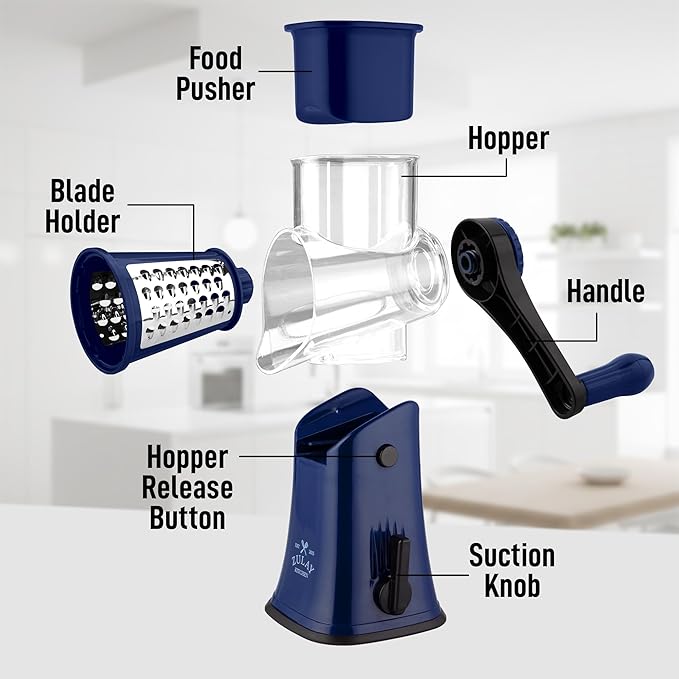Zulay Kitchen Rotary Cheese Grater 5 Blade Cheese Shredder - Manual Hand Crank Cheese Grater With Reinforced Suction & 5 Interchangeable Drums - Easy to Use, Vegetable Chopper Round Mandoline Slicer - Image 8