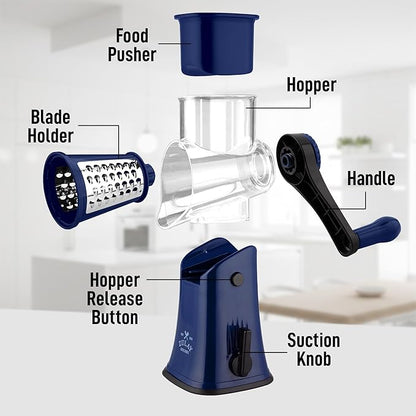Zulay Kitchen Rotary Cheese Grater 5 Blade Cheese Shredder - Manual Hand Crank Cheese Grater With Reinforced Suction & 5 Interchangeable Drums - Easy to Use, Vegetable Chopper Round Mandoline Slicer - Image 8