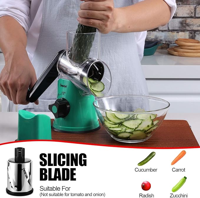 Geedel Rotary Cheese Grater with 3 Interchangeable Blades, Kitchen Mandoline Vegetable Slicer for Fruit, Nuts , Easy to Clean - Image 3