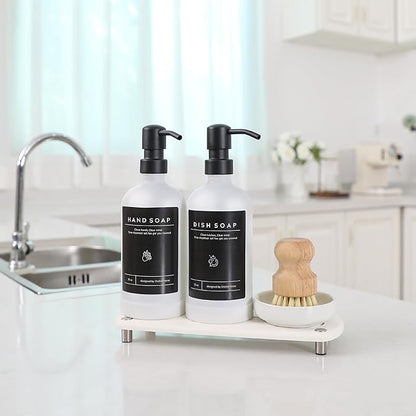 [Luxury] Kitchen Soap Dispenser Set - 16OZ White Glass Bottle, Stainless Steel Pump, Instant Dry Tray, Waterproof Labels, Non-Slip Silicone Pad, and Dish Brush | Upgrade for Your Kitchen and Bathroom - Image 5
